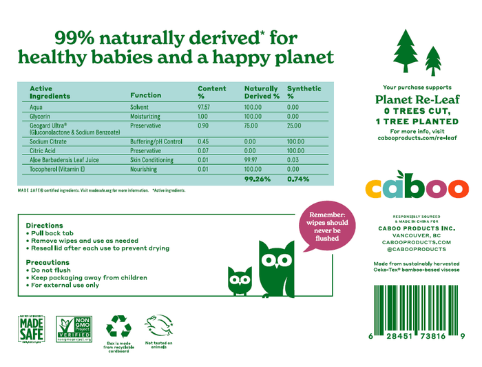 Experience Caboo Baby Wipes, crafted with 99% naturally derived materials and MADE SAFE® certified. Our eco-friendly design highlights our commitment to nature and reforestation. Look for the green icons but remember, a red circle warns against flushing.