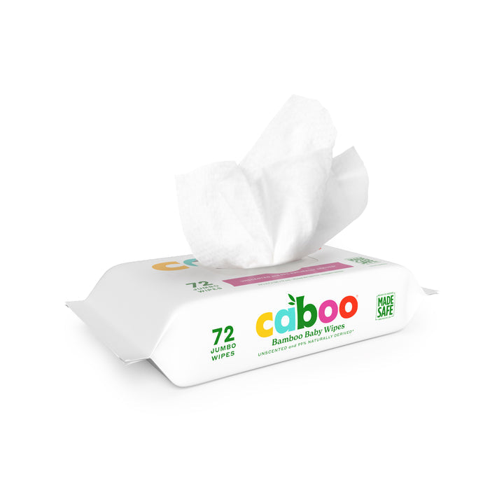A Caboo Baby Wipes pack, MADE SAFE® certified, features 72 Jumbo Wipes in vibrant branding. A white package with one wipe pulled out highlights these eco-friendly, naturally derived wipes designed for gentle use.