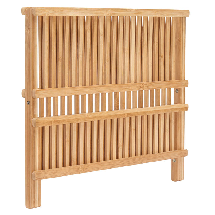 The iDesign Bamboo Folding Collapsible Dish Drying Rack features a simplistic, natural design with horizontal supports crafted from renewable bamboo. Its collapsible design adds versatility, making it ideal as both a partition and a decorative element.