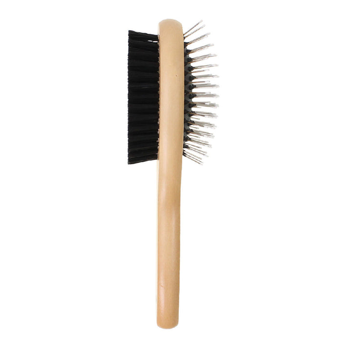 The Mighty Mutt Bamboo Grooming Brush for Pets is a double-sided combo brush with a wooden handle, featuring nylon bristles for gentle brushing on one side and stainless steel pins with rounded tips for detangling on the other. The brush is vertically oriented.