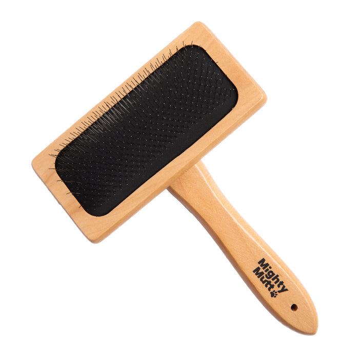 The Mighty Mutt Bamboo Grooming Brush for Pets is an eco-friendly slicker brush with a rectangular black bristle pad and a printed logo on the handle.