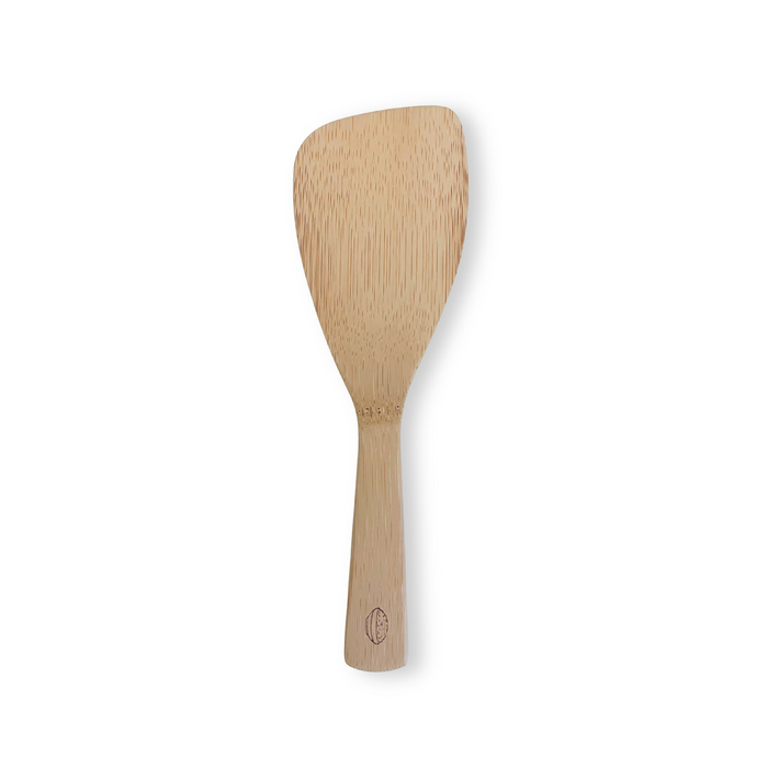 The Bambu Bamboo Rice Paddle features a flat, wide, rounded blade and a tapered handle, displayed against a plain white background.
