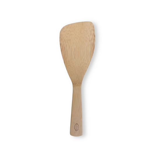 The Bambu Bamboo Rice Paddle features a flat, wide, rounded blade and a tapered handle, displayed against a plain white background.