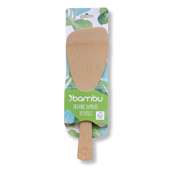 The Bambu Bamboo Rice Paddle is displayed on a leaf-patterned card with green packaging labeled "Bambu Organic Bamboo Utensils" and features the FSC certification logo on the package.