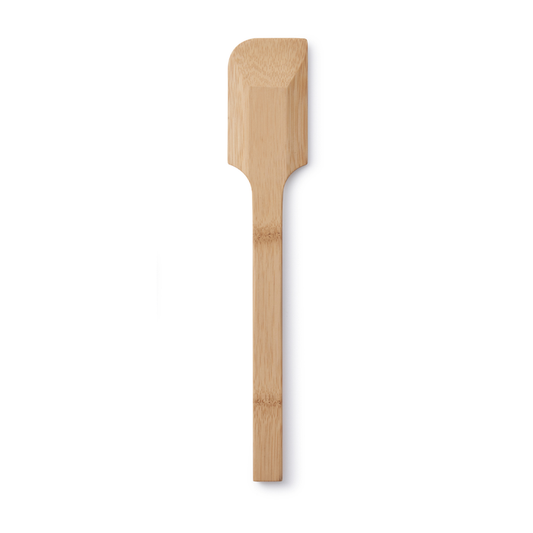 Bambus Scraping Spatula features a rectangular, slightly rounded bamboo head and smooth handle. This eco-friendly utensil is elegantly crafted from organic bamboo and showcased on a white background.