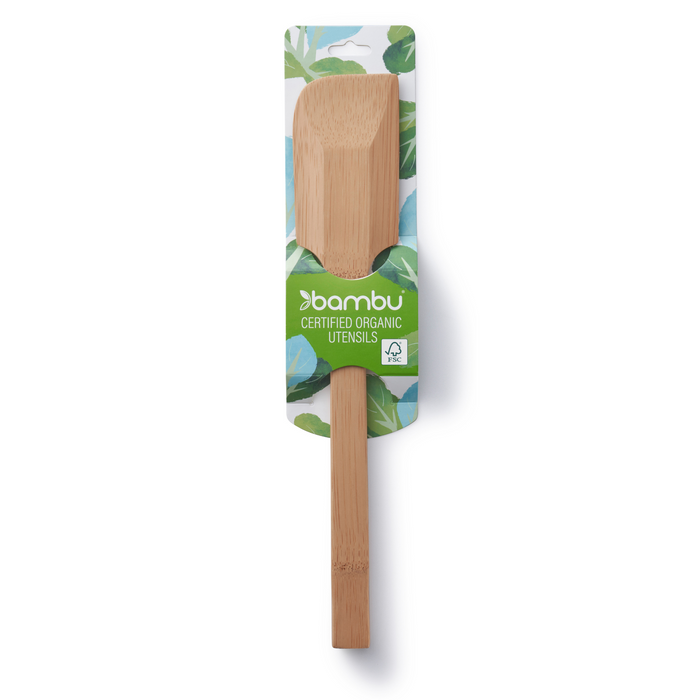 The Bambu Scraping Spatula is an eco-friendly kitchen tool with a rectangular head, made from FSC-certified bamboo, and comes packaged on a card featuring the green bambu Certified Organic Utensils label and leaf design.