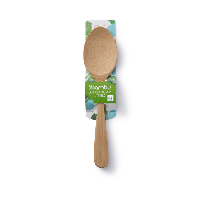The Bambu Bamboo Serving Spoon, made from FSC-certified bamboo, features a wide, round bowl and eco-friendly packaging labeled "bambu Certified Organic Utensils" with green and leaf graphics, shown on a white background.
