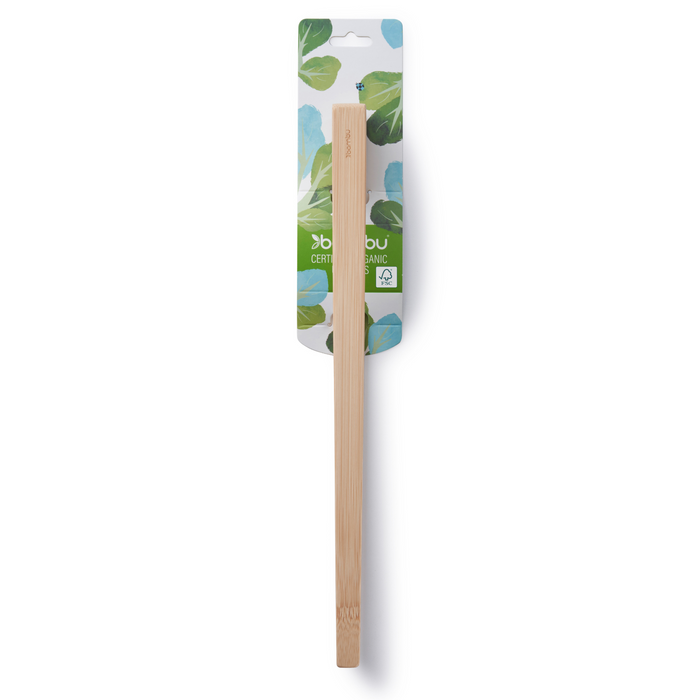 A single large reusable Bamboo Tongs from Bambu, FSC-certified and packaged in a cardboard sleeve with a green leafy design, labeled as certified organic.