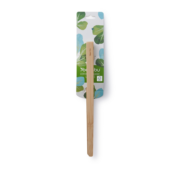 Bambu’s Bamboo Tongs, Small, made from FSC-certified bamboo and packed on a green leaf-themed cardboard backing with eco-friendly symbols, are the perfect addition to your sustainable kitchen utensils.