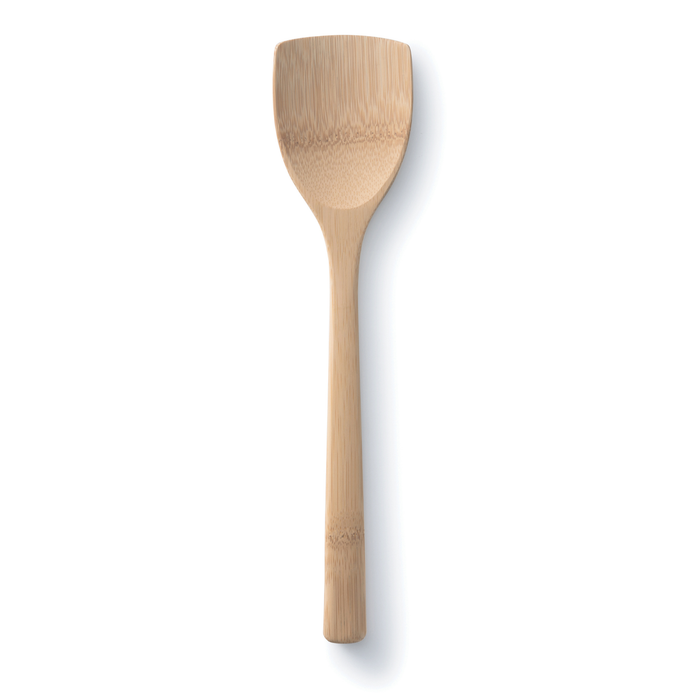 The Bambu Wok Spatula, featuring a flat, broad head and smooth handle, is set against a white background—ideal for mastering Asian cooking techniques with ease.