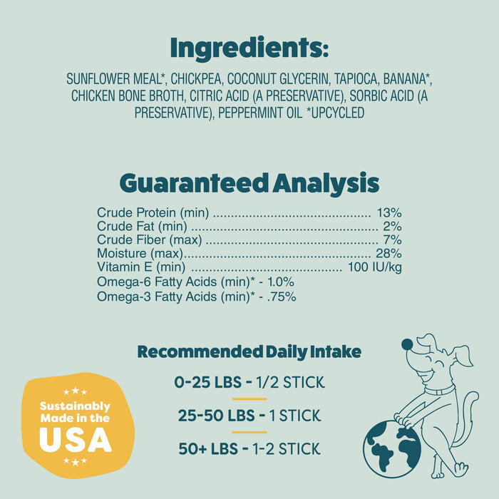 Ingredients and nutrition facts for Shameless Pets Banana Bone-anza Dental Stick, our grain-free dog treat, are listed—covering protein, fat, fiber, vitamins, omegas. A cartoon dog hugs a stick. Badge: Sustainably Made in the USA. Daily intake by weight included.