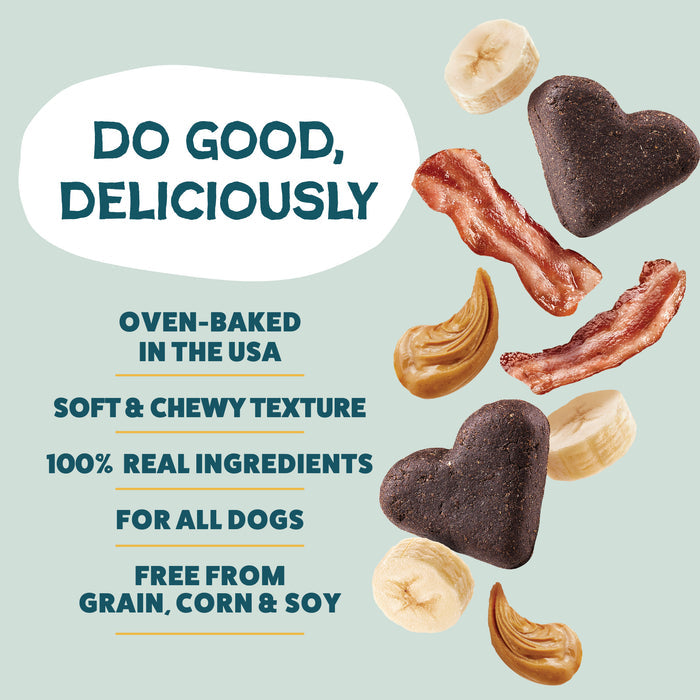 Shameless Pets Bananas for Bacon Soft-Baked Dog Treats are oven-baked, heart-shaped, and made with 100% real ingredients using an upcycled process. These natural treats contain no grain, corn, or soy—perfect for your pup!.