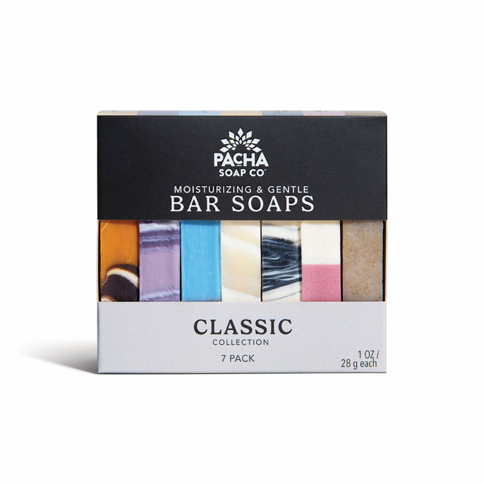 A 7-pack of Pacha Soap Co. Bar Soap, Pacha Peaces. Colorful handcrafted bars are visible through the box, each weighing 1 oz (28 g).