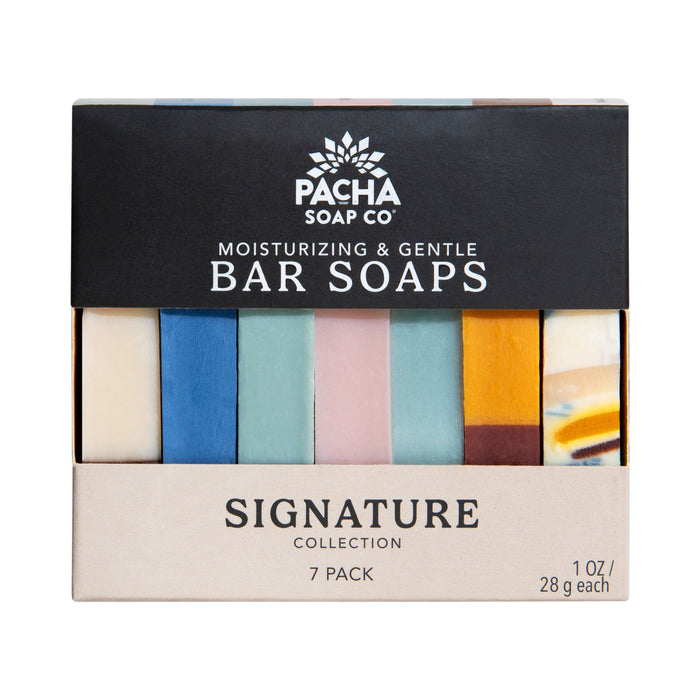 Pacha Soap Co.’s Bar Soap, Pacha Peaces variety pack includes seven colorful 1 oz handcrafted bars in a windowed box—a signature collection of moisturizing, gentle cleansers.