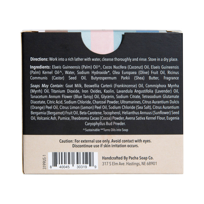Back of a Pacha Soap Co. Bar Soap, Pacha Peaces box with directions, ingredients, and cautions in black on white. “Pacha Soap Co., 317 S Elm Ave, Hastings, NE 68901” is printed at the bottom.