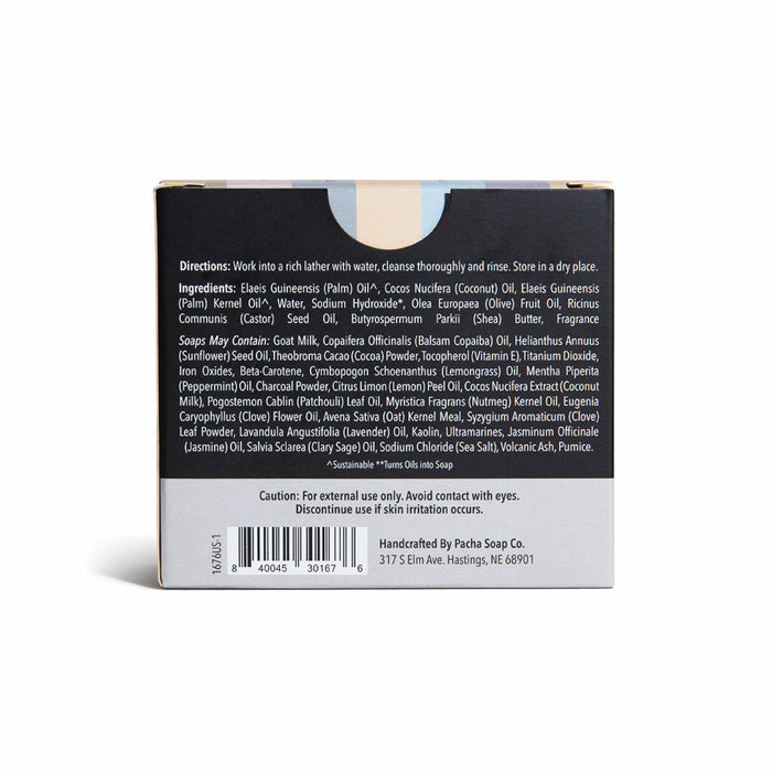 The back of the Pacha Soap Co. "Bar Soap, Pacha Peaces" box lists directions, ingredients, warnings, a barcode, and manufacturer info from Hastings, Nebraska—ideal for anyone seeking a quality bar soap variety pack.