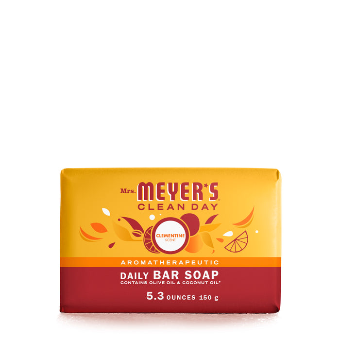 Mrs. Meyers Bar Soap, in a vibrant citrus-themed package, features a garden-inspired clementine scent and is Leaping Bunny certified. This 5.3-ounce bar includes nourishing olive and coconut oils for a refreshing clean.