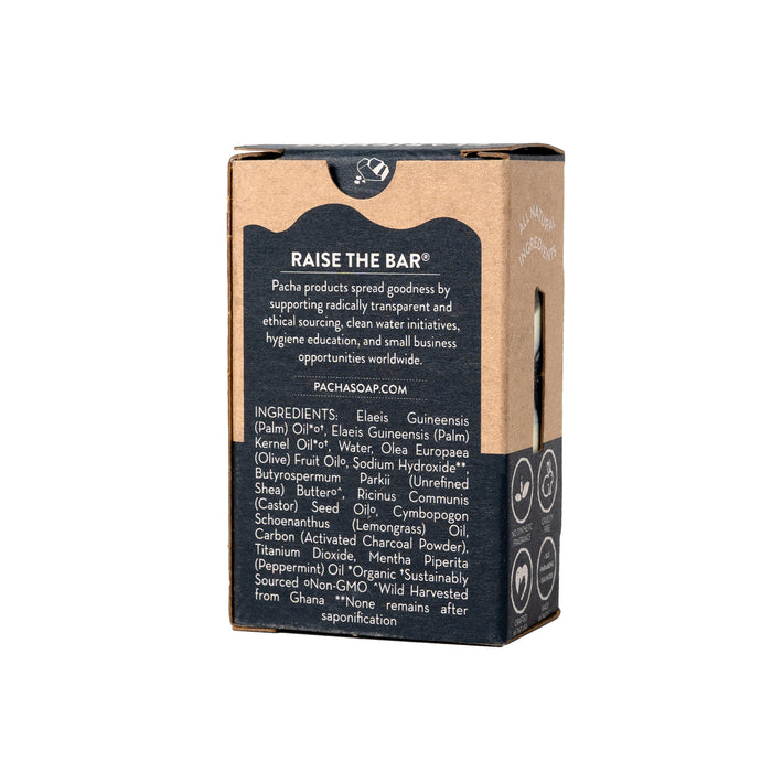The image shows Pacha Soap Co.s eco-friendly cardboard packaging for their Bar Soap. It features a minimalist design, emphasizing sustainable and natural ingredients such as Almond Goats Milk, under the theme Raise the Bar.