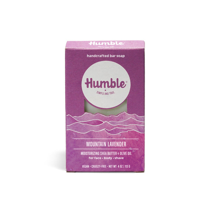 The eco-friendly Humble Brands Bar Soap in purple, named Mountain Lavender, features moisturizing shea butter and natural oils like olive oil. Suitable for face, body, and shaving, its proudly vegan and cruelty-free.