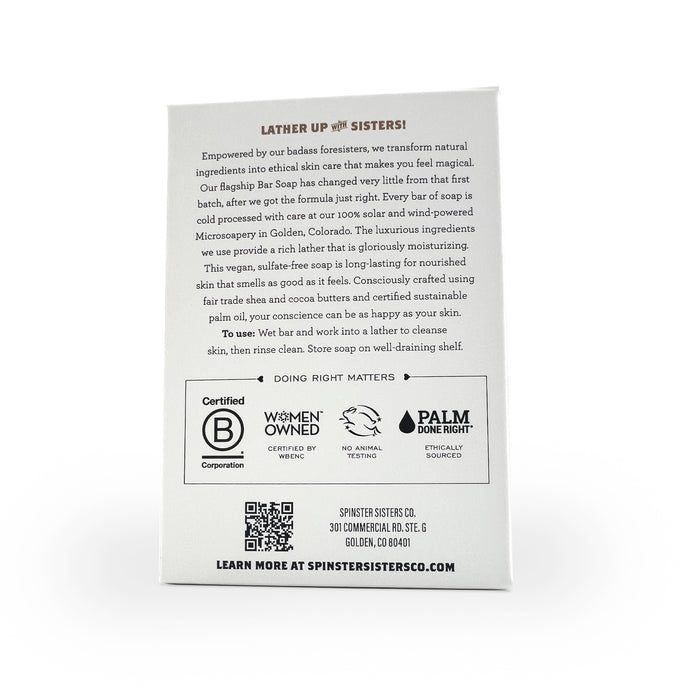 This handcrafted, eco-friendly Bar Soap by Spinster Sisters Co. exfoliates and moisturizes. Certified women-owned and a B corporation, it emphasizes palm oil sustainability. Learn more about our vegan soaps on our website below.