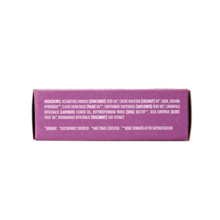 A purple box showcases the ingredients list for Humble Brands Bar Soap, which includes natural oils such as sunflower seed oil, coconut oil, and rosemary leaf extract. It highlights organic and fair trade certification, reflecting an eco-friendly commitment.