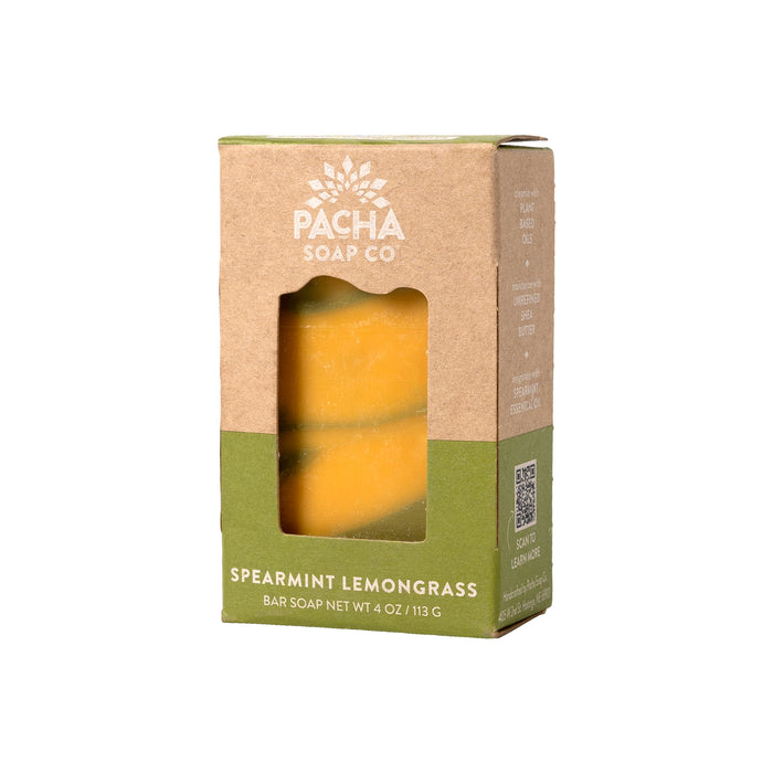 Pacha Soap Co.s cardboard box showcases the Spearmint Lemongrass bar soap with Clarifying Charcoal. It has a green and brown design with a window to view the 4 oz (113 g) soap inside, prominently displaying its name on the front.