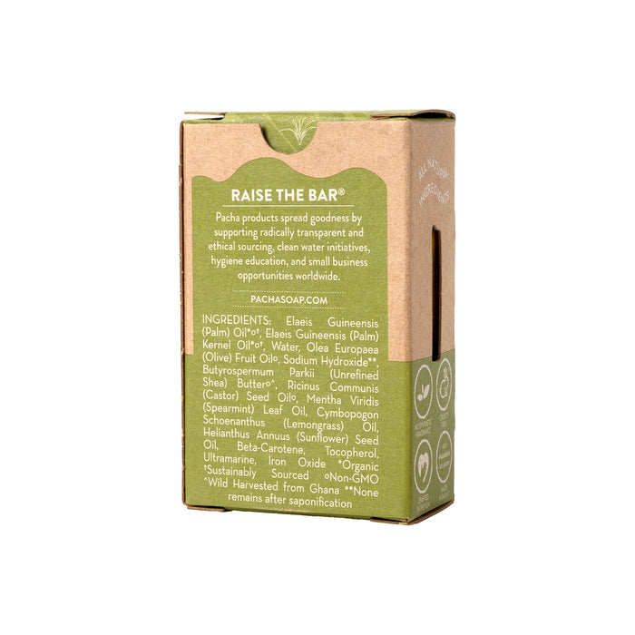 A cardboard box of Pacha Soap Co.s RAISE THE BAR Bar Soap, featuring clarifying charcoal, contains ingredients like palm oil and shea butter sourced ethically. The eco-friendly package includes informative text and symbols.