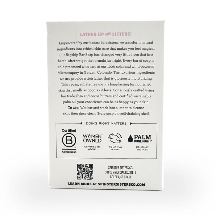 Explore Spinster Sisters Co.s dedication to sustainability and nurturing skincare. Our vegan Bar Soap features natural ingredients, eco-friendly methods, and exfoliating qualities for refreshed skin. Certified by B Corporation, Women Owned, Leaping Bunny, and Palm Done Right. Visit us online today.