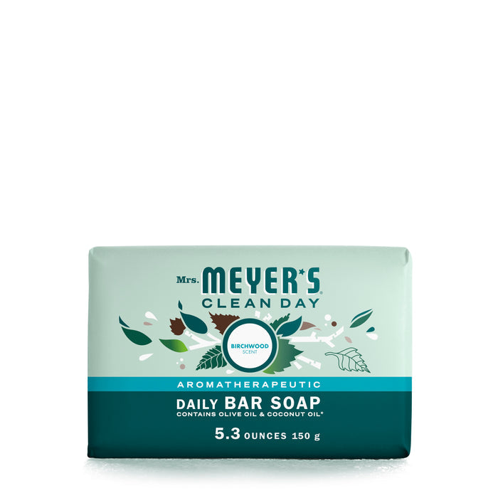 Mrs. Meyers Bar Soap in Birchwood scent offers garden-inspired aromas, is Leaping Bunny certified, and includes olive and coconut oils. Weighing 5.3 oz, its packaging features aromatherapeutic benefits with leaf and branch designs for a natural feel.