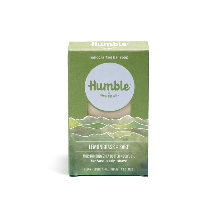 Humble Brands eco-friendly handcrafted bar soap comes in a green and white package labeled Lemongrass & Sage, featuring moisturizing shea butter, olive oil, and natural oils. This vegan, cruelty-free soap weighs 4 oz (113g).