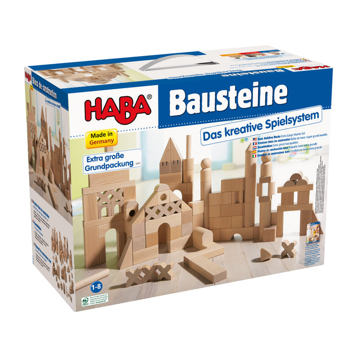 A vibrant toy box for the Basic Building Blocks - Extra Large Wooden Starter Set by HABA, featuring block structures and Made in Germany. Known for its eco-friendly designs, its labeled as a creative play system suitable for children aged 1-8.