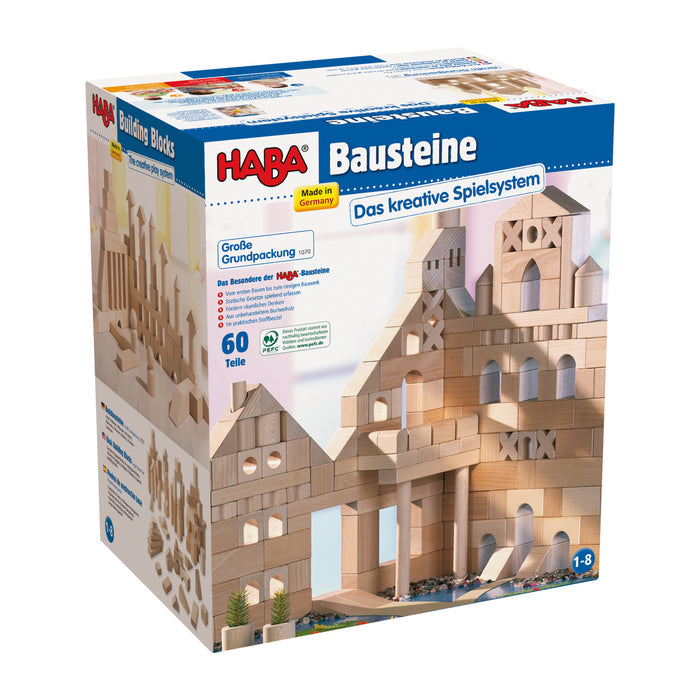 The HABA Basic Building Blocks - Large Starter Set includes 60 sustainable pieces for ages 1-8. The box features a white design with Bausteine and Das kreative Spielsystem in blue, perfect for building creative structures and enhancing child development.