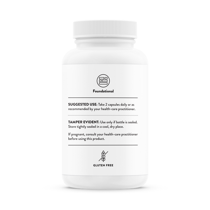 A white bottle labeled with usage instructions for Thornes Basic Nutrients 2/Day capsules highlights it as a gluten-free daily supplement offering essential nutrients. Take two capsules daily or as directed, and consult a healthcare practitioner if pregnant.
