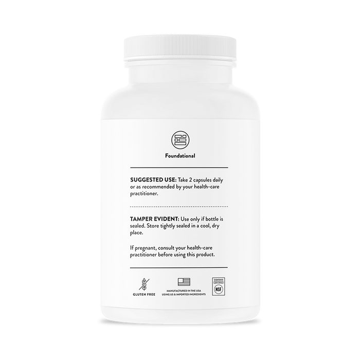 A white Thorne Basic Nutrients 2/Day bottle features a label with suggested use, tamper evidence, and warnings. The black-printed label displays gluten-free, NSF certified, and recyclable icons for this daily multivitamin.