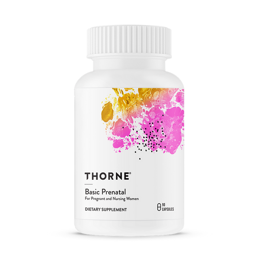 A white plastic bottle labeled Thorne Basic Prenatal features colorful abstract designs and contains 90 capsules intended for pregnant and nursing women, supporting babys development as a daily multi dietary supplement.
