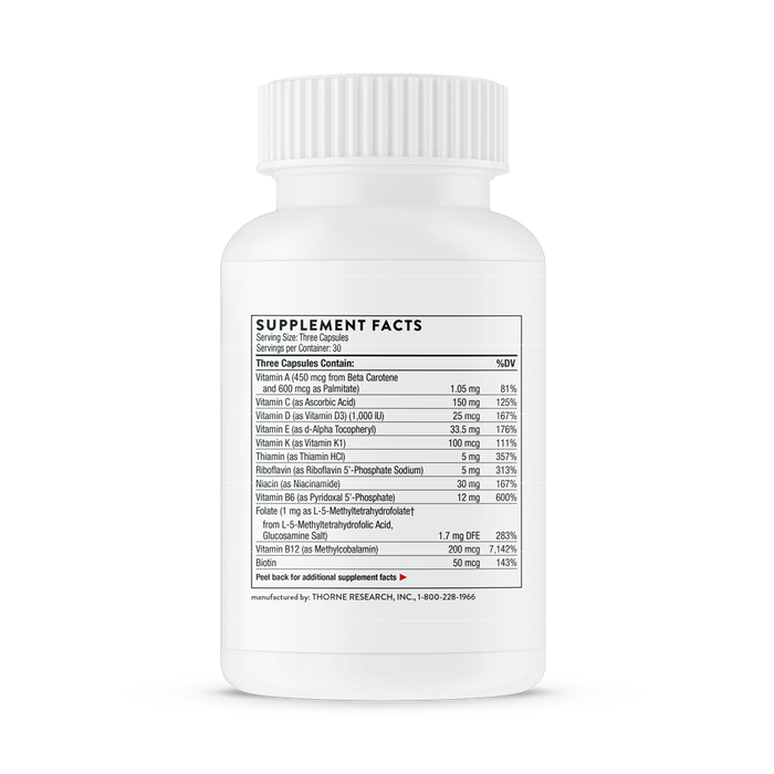 A white bottle with a white cap features SUPPLEMENT FACTS and nutritional details label-forward. Designed to support babys development, Thornes Basic Prenatal supplement is crafted by Thorne Research, Inc.