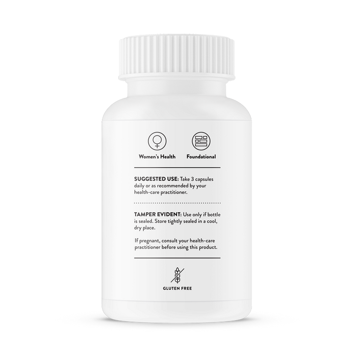 A white Thorne bottle labeled Basic Prenatal is a supplement for womens health that suggests taking three capsules daily or as directed by a healthcare provider. It features tamper-evident packaging and is gluten-free, supporting babys development and ensuring quality.