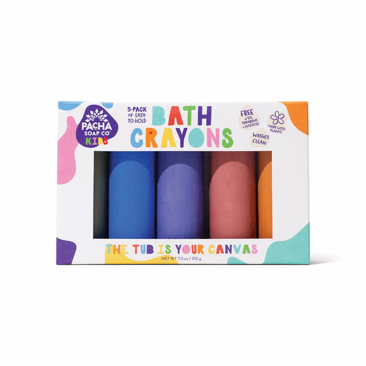 Pacha Soap Co. Bath Crayon set features five large, non-toxic crayons—blue, purple, orange, pink, and red—with natural colorants in colorful packaging that says "The tub is your canvas.