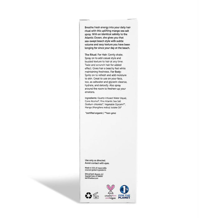 Side view of the Earth Harbor BEACH WAVES Ocean Hair Texturizer box displaying hair product details, usage instructions, and an ingredient list. Icons at the bottom indicate recycling, award-winning status, vegan certification, and ecological commitment—ideal for an effortless beach style.