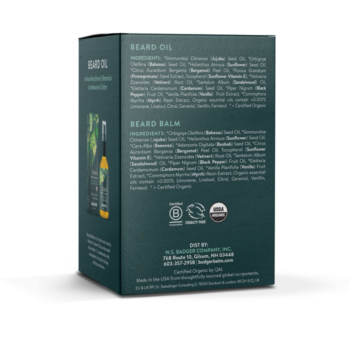 A green box displays the ingredients and certifications of the Beard Grooming Kit by Badger Balm, emphasizing its B Corp and USDA Organic status. The side also provides contact details for W.S. Badger Company, ideal for facial hair enthusiasts.