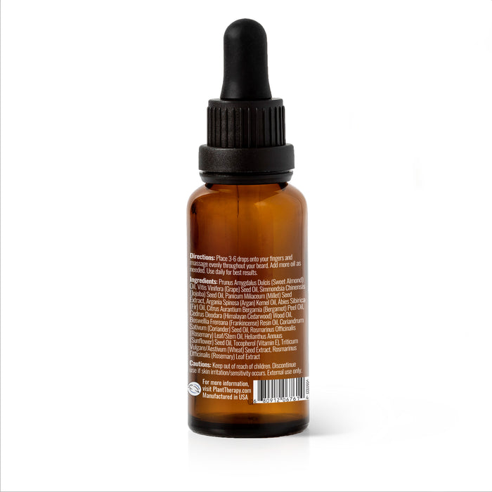 Plant Therapys Beard Oil features a brown glass dropper bottle with a black cap, detailed product information, and nourishing ingredients to support beard growth against a plain white background.
