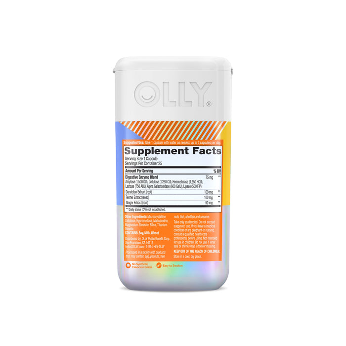 A container of OLLY Beat the Bloat supplements, featuring a Supplement Facts label with serving size, ingredients, and allergy information. The backdrop is an orange-to-silver gradient with OLLY branding at the top, highlighting its digestive enzyme benefits for belly bloat relief.