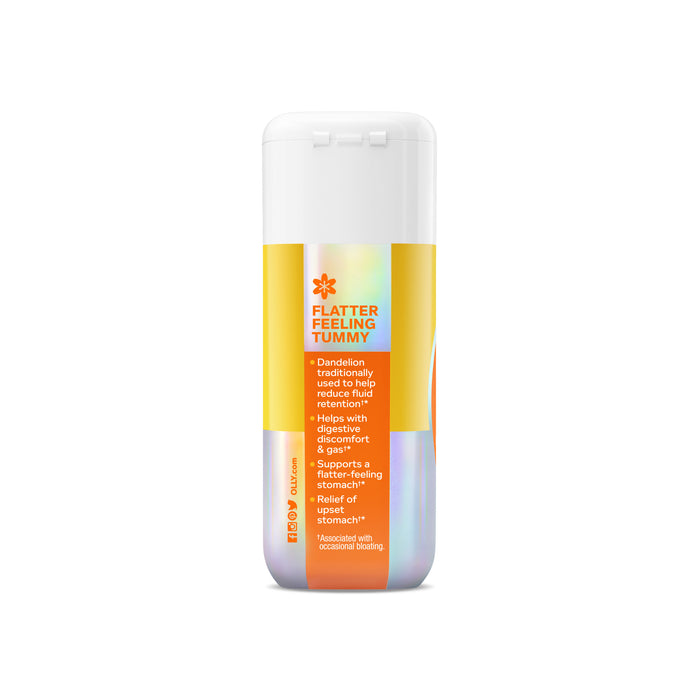 OLLYs Beat the Bloat offers a white and orange bottle with 60 capsules designed to relieve belly bloat by reducing fluid retention, easing digestive discomfort, and promoting a flatter stomach. It features botanical extracts like dandelion for optimal results.
