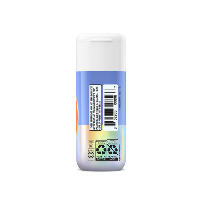 A cylindrical bottle of OLLYs Beat the Bloat, featuring a blue and white design. The back displays a barcode, product details, and recycling symbols for the plastic container and label.
