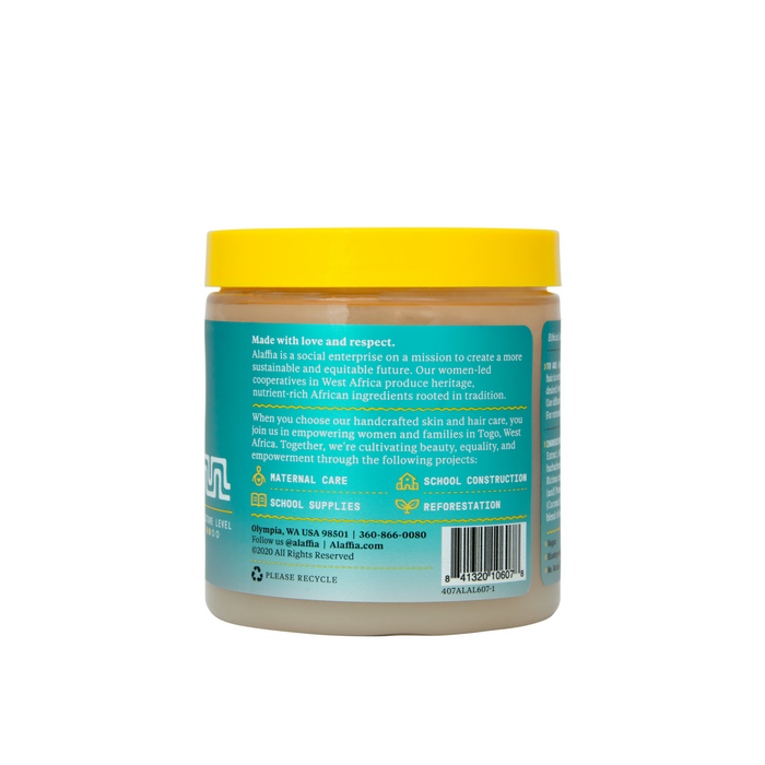 A jar with a blue label details Alaffia’s mission to empower women and communities in Togo, focusing on maternal care, school supplies, and reforestation. It provides natural curl solutions. The label features recycling symbols and contact info for Beautiful Curls Curl Defining Gel by Alaffia.