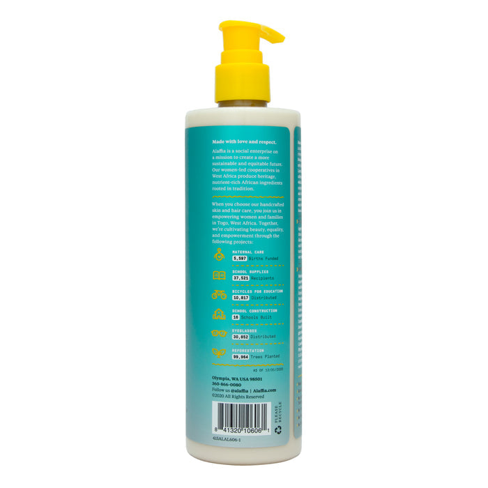 The Alaffia Beautiful Curls Curl Enhancing Leave-In Conditioner comes in a blue bottle with a yellow pump dispenser, infused with shea butter. The label includes ingredients, instructions, and eco-friendly icons.