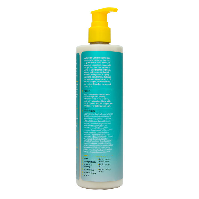 A yellow-pump bottle with a turquoise label features Alaffia’s Beautiful Curls Curl Enhancing Leave-In Conditioner, perfect for wavy to curly hair. It includes natural ingredients like shea butter and essential oils while proudly being free from certain chemicals.