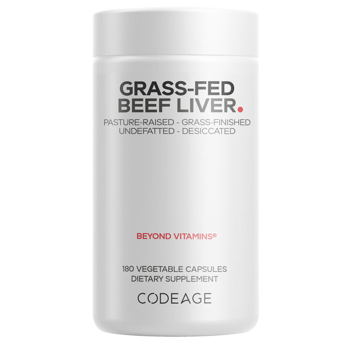 Codeage Beef Liver Capsules - Grass-Fed come in a white bottle and feature pasture-raised, grass-finished, undefatted, desiccated beef liver. This supplement provides 180 vegetable capsules and is often referred to as nature’s multivitamin.