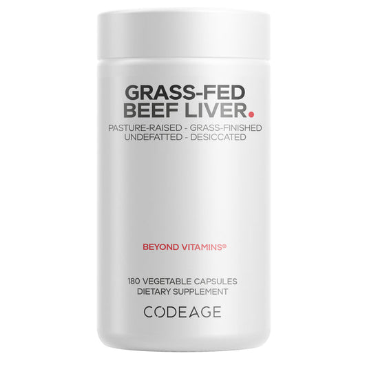 Codeage Beef Liver Capsules - Grass-Fed come in a white bottle and feature pasture-raised, grass-finished, undefatted, desiccated beef liver. This supplement provides 180 vegetable capsules and is often referred to as nature’s multivitamin.