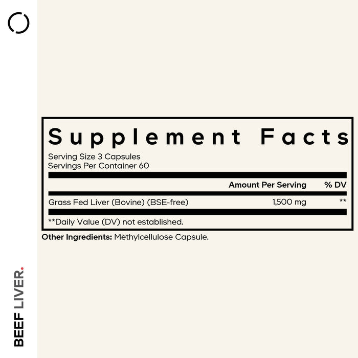 Supplement facts label for Codeage Beef Liver Capsules - Grass-Fed. Serving size: 3 capsules. Servings per container: 60. Each serving contains 1,500 mg of grass-fed, desiccated beef liver (bovine)—nature’s multivitamin from a pure source. Other ingredient: methylcellulose capsule.